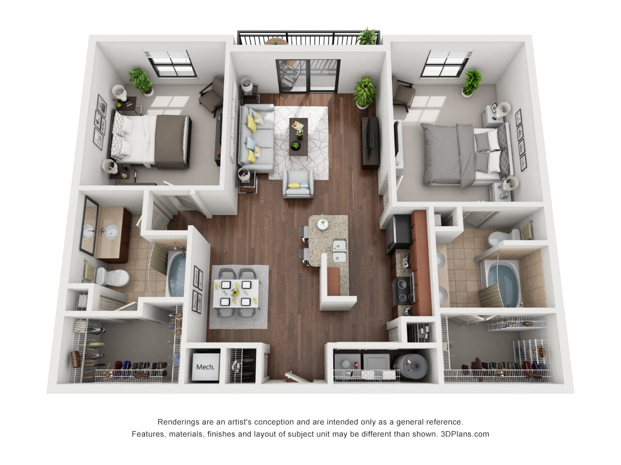Floor plan for 2 beds, 2 baths, 1239 sqft